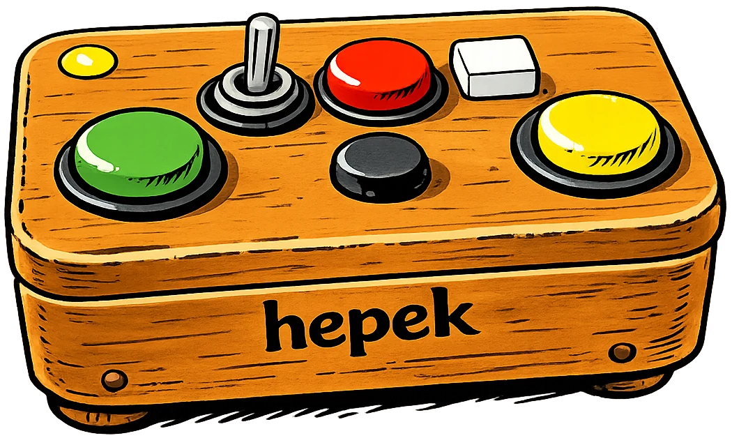 Hepek’s illustrated wooden control box with bright buttons