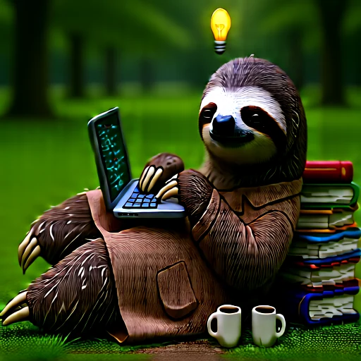 AI artwork example from the Hepek project: a sloth using a laptop beside books and coffee in a green forest