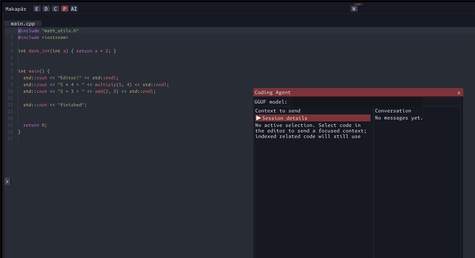 Coding Agent panel beside C++ source, with session details and an empty conversation