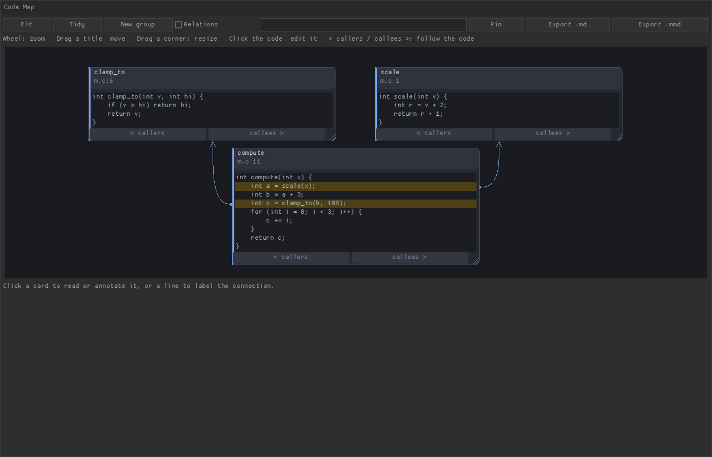 Editable code map showing compute connected to scale and clamp_to, with call lines highlighted